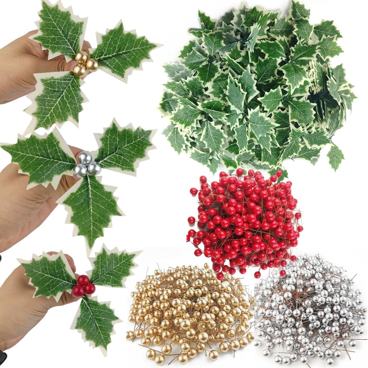300PCS Artificial Holly Berries with 100PCS Green Leaves Gold Silver Red Holly Berry Stems with Leaves Artificial Holly Leaves and Berries for Christmas Wreath Arrangement Cake Toppers Craft
